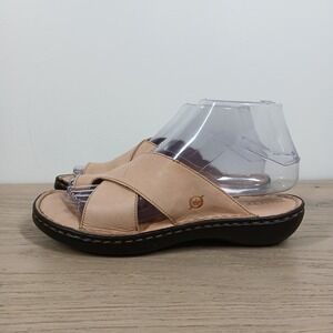 Born Slide Sandals Women 6.5 Tan Leather Cross Strap Comfort Boho Casual